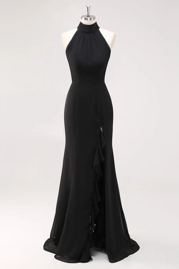 Halter Ruffle Mermaid Black Tie Dress with Slit
